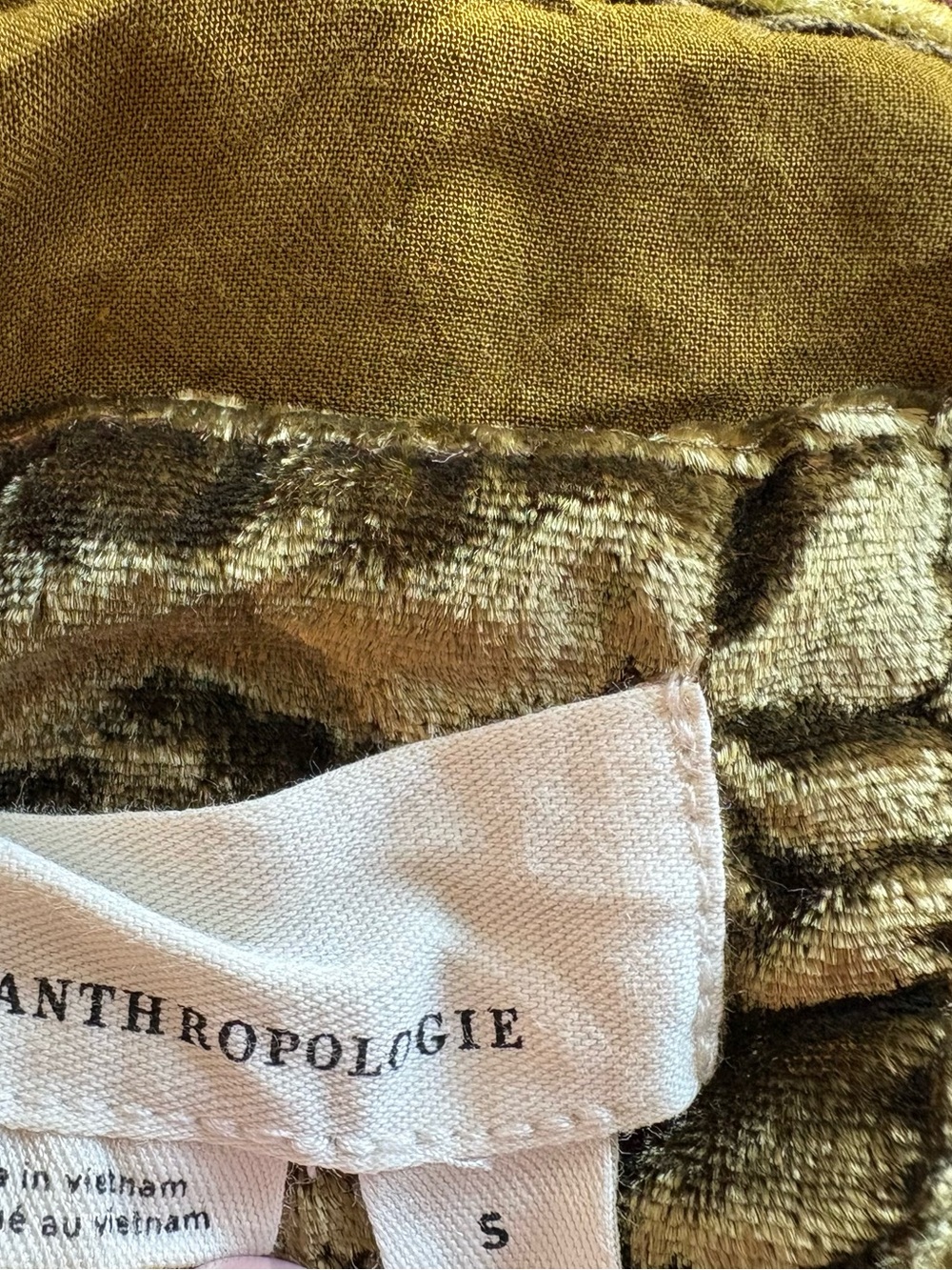 Anthropologie | Olive Green Velvet Maxi Dress with Pink Floral Print - Picture 5 of 5